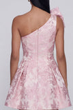 One Shoulder Jacquard A-Line Pink Mini Cocktail Party Dress With Bow