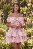 Pink Jacquard A-Line Off the Shoulder Ruffled Mini Cocktail Party Dress With Bow