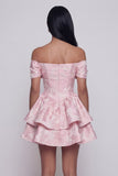Pink Jacquard A-Line Off the Shoulder Ruffled Mini Cocktail Party Dress With Bow