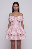 Pink Jacquard A-Line Off the Shoulder Ruffled Mini Cocktail Party Dress With Bow
