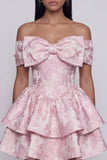 Pink Jacquard A-Line Off the Shoulder Ruffled Mini Cocktail Party Dress With Bow