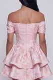 Pink Jacquard A-Line Off the Shoulder Ruffled Mini Cocktail Party Dress With Bow