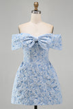 Off the Shoulder Blue Jacquard A-Line Mini Cocktail Party Dress With Bow