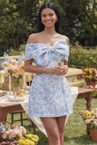 Off the Shoulder Blue Jacquard A-Line Mini Cocktail Party Dress With Bow