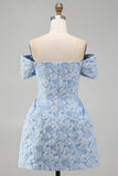 Off the Shoulder Blue Jacquard A-Line Mini Cocktail Party Dress With Bow