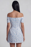 Off the Shoulder Blue Jacquard A-Line Mini Cocktail Party Dress With Bow