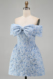 Off the Shoulder Blue Jacquard A-Line Mini Cocktail Party Dress With Bow