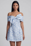 Off the Shoulder Blue Jacquard A-Line Mini Cocktail Party Dress With Bow
