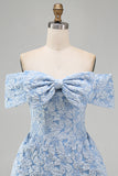 Off the Shoulder Blue Jacquard A-Line Mini Cocktail Party Dress With Bow