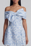 Off the Shoulder Blue Jacquard A-Line Mini Cocktail Party Dress With Bow