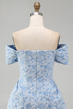 Off the Shoulder Blue Jacquard A-Line Mini Cocktail Party Dress With Bow