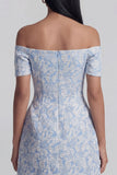 Off the Shoulder Blue Jacquard A-Line Mini Cocktail Party Dress With Bow