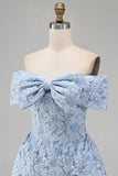 Off the Shoulder Blue Jacquard A-Line Mini Cocktail Party Dress With Bow