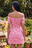 Off the Shoulder Blue Jacquard A-Line Mini Cocktail Party Dress With Bow