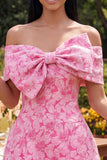 Off the Shoulder Blue Jacquard A-Line Mini Cocktail Party Dress With Bow