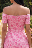 Off the Shoulder Blue Jacquard A-Line Mini Cocktail Party Dress With Bow