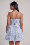 A-Line Blue Off the Shoulder Jacquard Mini Cocktail Party Dress With Bow