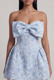 A-Line Blue Off the Shoulder Jacquard Mini Cocktail Party Dress With Bow