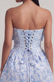 A-Line Blue Off the Shoulder Jacquard Mini Cocktail Party Dress With Bow
