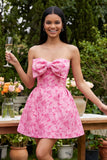 A-Line Blue Off the Shoulder Jacquard Mini Cocktail Party Dress With Bow