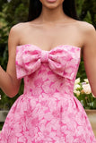 A-Line Blue Off the Shoulder Jacquard Mini Cocktail Party Dress With Bow