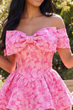 A-Line Fuchsia Off the Shoulder Jacquard Mini Short Prom Dress With Bow