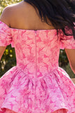 A-Line Fuchsia Off the Shoulder Jacquard Mini Short Prom Dress With Bow
