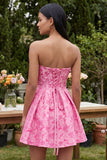 A-Line Fuchsia Sweetheart Jacquard Ruffled Mini Cocktail Dress With Bow