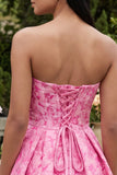 A-Line Fuchsia Sweetheart Jacquard Ruffled Mini Cocktail Dress With Bow