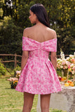 Off the Shoulder A-Line Fuchsia Jacquard Mini Cocktail Dress With Bow