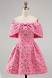 A-Line Fuchsia Jacquard Off the Shoulder Mini Cocktail Dress With Bow