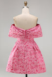 A-Line Fuchsia Jacquard Off the Shoulder Mini Cocktail Dress With Bow