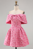 A-Line Fuchsia Jacquard Off the Shoulder Mini Cocktail Dress With Bow