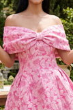 A-Line Fuchsia Jacquard Off the Shoulder Mini Cocktail Dress With Bow