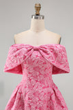 A-Line Fuchsia Jacquard Off the Shoulder Mini Cocktail Dress With Bow