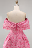 A-Line Fuchsia Jacquard Off the Shoulder Mini Cocktail Dress With Bow