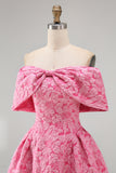 A-Line Fuchsia Jacquard Off the Shoulder Mini Cocktail Dress With Bow