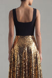 Sparkly A-Line Black and Gold Sequins Square Neck Long Formal Dress
