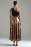 Sparkly One Shoulder A-Line Black and Gold Sequins Long Formal Dress