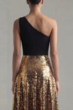 Sparkly One Shoulder A-Line Black and Gold Sequins Long Formal Dress