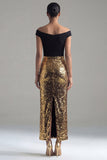 Sparkly Black and Gold Sequins Off the Shoulder Sheath Long Formal Dress with Slit