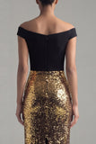 Sparkly Black and Gold Sequins Off the Shoulder Sheath Long Formal Dress with Slit