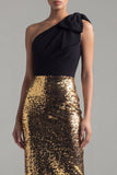 Sparkly One Shoulder Sheath Black and Gold Sequins Bow Long Formal Dress with Slit