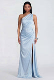 Sky Blue One Shoulder Ruched Mermaid Formal Dress