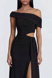 Black Cut Out Asymmetrical Neck Long Formal Dress