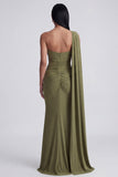 Olive Mermaid One Shoulder Long Formal Dress with Side Streamer