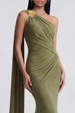 Olive Mermaid One Shoulder Long Formal Dress with Side Streamer