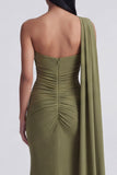 Olive Mermaid One Shoulder Long Formal Dress with Side Streamer