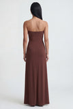 Strapless Brown Ruched Sheath Long Formal Dress