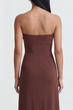 Strapless Brown Ruched Sheath Long Formal Dress